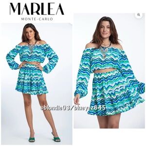 SET - Marlea Monte Carlo Joana top S + Pauline skirt M in aqua with scarf NWT